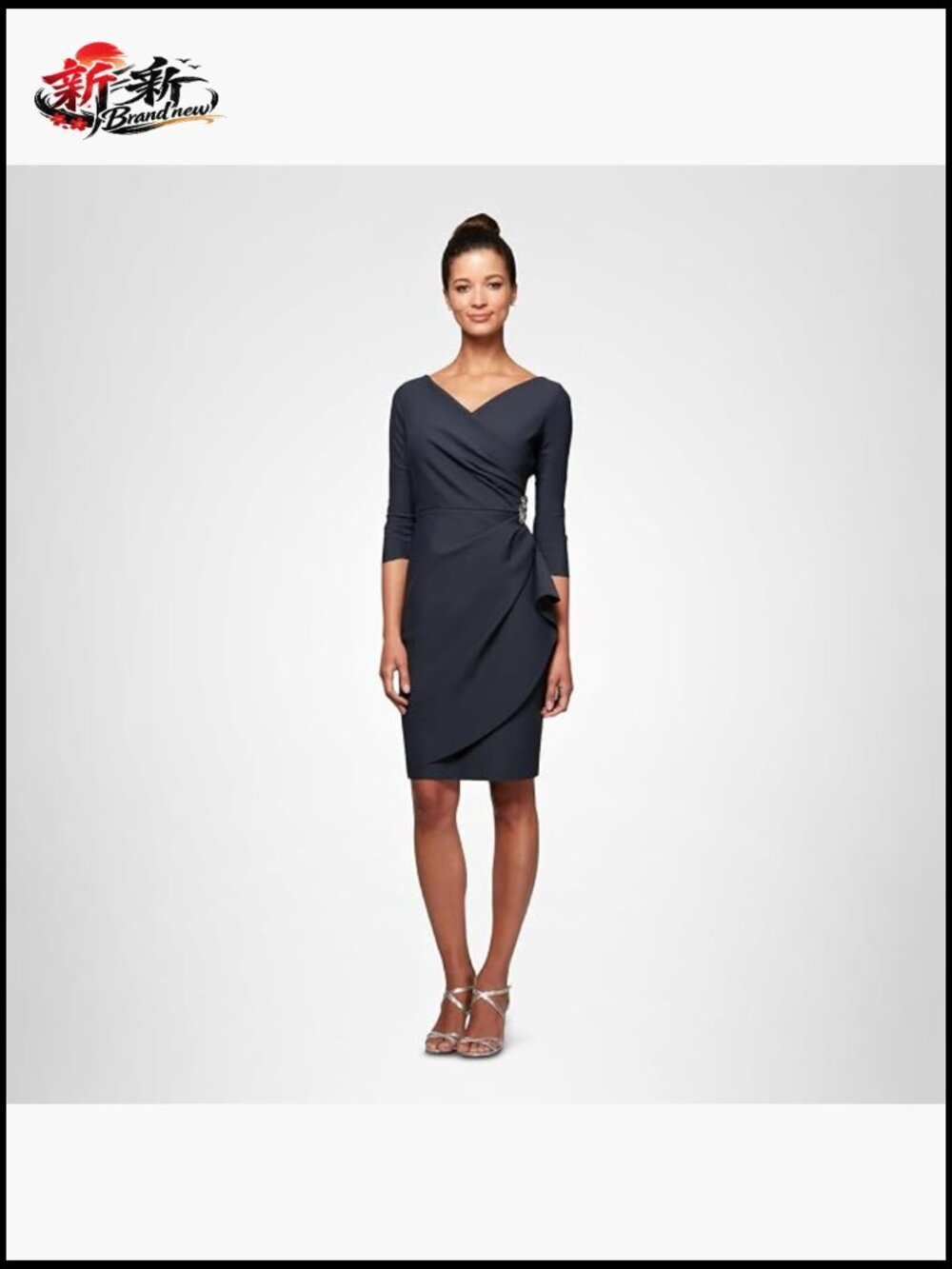 Slimming Short Sheath Dress 3/4 Sleeve V-Neck Ruffle Cocktail Formal